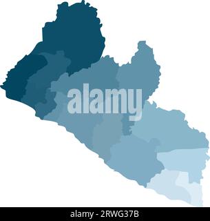 Vektorisolierte Darstellung der vereinfachten Verwaltungskarte Liberia. Grenzen der Grafschaften. Farbenfrohe Silhouetten mit blauem Farbverlauf. Weißer Hintergrund Stock Vektor