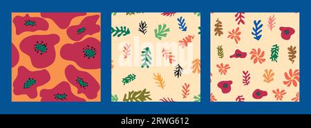 Nahtloses Matisse-Blumenmuster, moderner, trendiger Matisse-Blumenstil. 3er-Set von Matisse inspirierte Wandkunst Stock Vektor