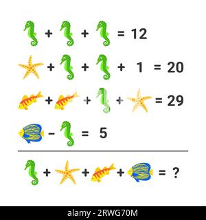 Mathematisches Arbeitsblatt mit Meerestieren und Fischen. Stock Vektor