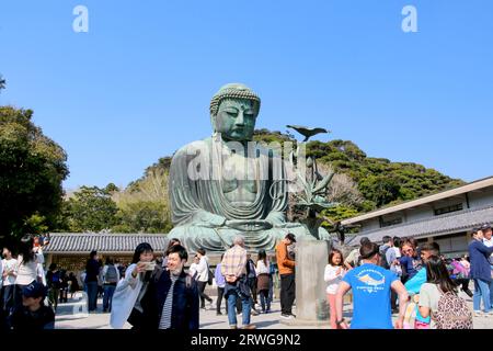 Touristen im Großen Buddha (Daibutsu) auf dem Gelände des Kotokuin-Tempels in Kamakura, Japan Stockfoto