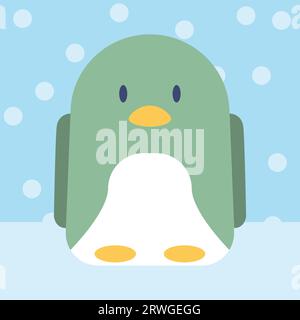 Pinguin Illustration, süße Pinguin Charakter, grüner Pinguin auf Eis und schneit Himmel, geeignet für Kinder Story Charakter Design und Kindergarten Stockfoto