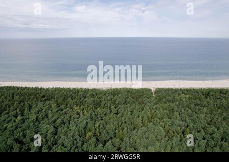 Drohnenfoto in Karwia, Kaschubien, Polen an der Ostsee. Ostrowo, Baltikum, Polen, Kaszuby Drohnenfoto, Droneshot, Sonnenaufgang, Sonnenaufgang, Wald Stockfoto