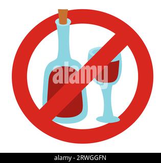 Kein Alkoholschild mit einer Flasche Wein und Gläsern. Illustration der Vektorabwicklung. Stock Vektor