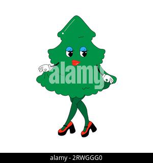Psychedelischer Weihnachtsbaum mit weiblichen Beinen im Stil der 80er Jahre, Charakter. Vektorillustration Stock Vektor