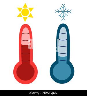 Thermometer für heiße und kalte Temperaturen mit Schneeflocken und Sonne. Wettervorhersage. Vektor-Illustration. Stock Vektor