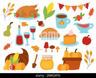 Thanksgiving-Tag-Elemente eingestellt. Truthahn, Pie, Cornucopia, Mais, Wein, Kerzen, Kranz, Honig. Kürbisse aus Korb. Happy Thanksgiving Day. Erntefest Stock Vektor