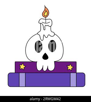 Schädelkerze auf den Büchern. Menschlicher Schädelkerzenhalter. Magisches und esoterisches Buch. Halloween-Symbol. Vektor-Illustration. Stock Vektor