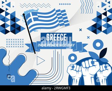 GRIECHENLAND Karte und erhöhte Fäuste. Nationalfeiertag oder Unabhängigkeitstag für die Feierlichkeiten in GRIECHENLAND. Modernes Retro-Design mit abstrakten Ikonen. Vektor Stock Vektor