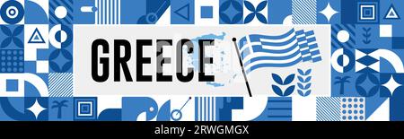 GRIECHENLAND Karte und erhöhte Fäuste. Nationalfeiertag oder Unabhängigkeitstag für die Feierlichkeiten in GRIECHENLAND. Modernes Retro-Design mit abstrakten Ikonen. Vektor Stock Vektor