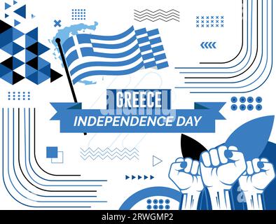 GRIECHENLAND Karte und erhöhte Fäuste. Nationalfeiertag oder Unabhängigkeitstag für die Feierlichkeiten in GRIECHENLAND. Modernes Retro-Design mit abstrakten Ikonen. Vektor Stock Vektor