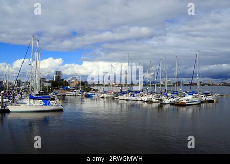 Yachten, die an der Mündung von River Ely, Cardiff Yacht Club, Cardiff Bay, Cardiff, South Wales anlegten. Stockfoto