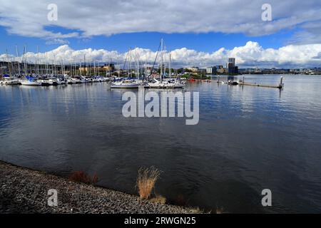 Yachten, die an der Mündung von River Ely, Cardiff Yacht Club, Cardiff Bay, Cardiff, South Wales anlegten. Stockfoto