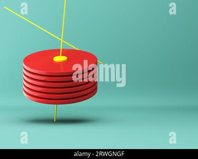 Abstrakte geometrische Formen von roten Scheiben und gelben Zylindern auf hellem Hintergrund in Pastellfarben. Minimalismuskonzept. 3D-Rendering Stockfoto