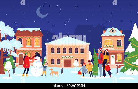 Weihnachtsstadt, alte Stadtstraße mit Menschen, Neujahr Winterferien Stock Vektor