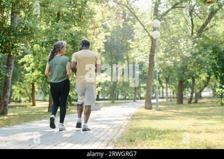 Rückansicht eines multiethnischen Seniorenpaares, das im Park zusammen läuft Stockfoto
