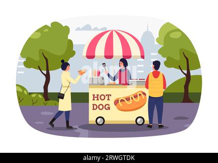 Frau, die Hotdog kauft, Konzept von Streetfood Stock Vektor