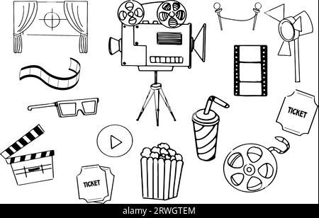 Kinoelemente im Doodle-Stil mit Filmstreifen, Kamera, Band, Tickets im Retro-Stil isoliert auf weißem Hintergrund. Vektorillustration Stock Vektor