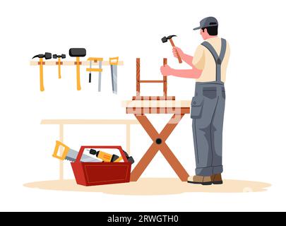 Tischlerwerkstatt mit Arbeitsgeräten, Reparatur und Renovierung Stock Vektor