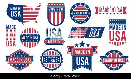 „Made in USA“-Abzeichen. Amerikanisches Flaggenetikett mit Text und Siegel, Vintage usa Stempel mit Garantie. Vektorpatriotisches Emblem-Set Stock Vektor