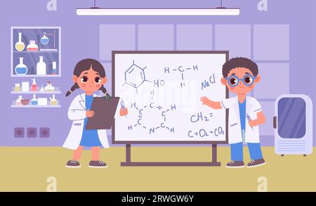 Zeichentrickkinder in Gewändern machen Chemieexperimente, Kinderwissenschaftler Stock Vektor