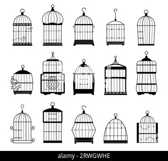 Leere Vogelkäfig-Silhouetten. Niedliches Vogelhaus für verschiedene Vogelarten, dekorativer Metallkäfig für hauskanariensymbol. Vektor-isoliertes Set Stock Vektor