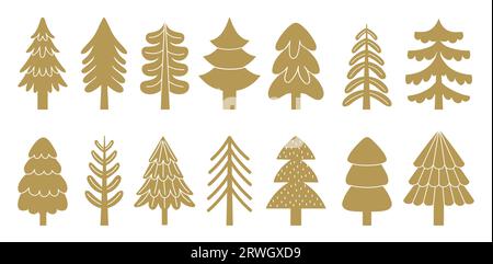 Goldene weihnachtsbaumsymbole, Fichten und Kiefern in verschiedenen Formen Stock Vektor