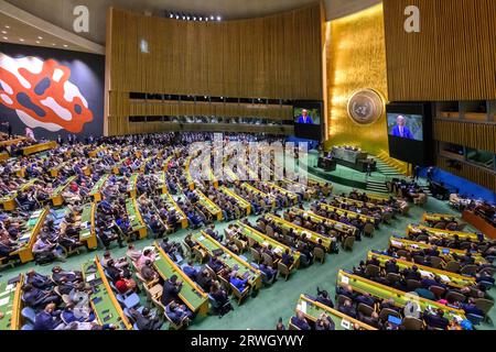 New York, USA. September 2023. US-Präsident Joe Biden spricht vor der Eröffnungssitzung der 78. UN-Generalversammlung im Hauptquartier der Vereinten Nationen. Quelle: Enrique Shore/Alamy Live News Stockfoto