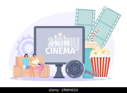 Online-Kinokonzept, Pop Corn und Sofa Stock Vektor
