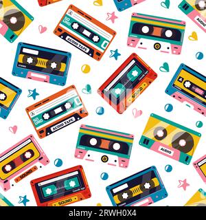 Kassettenmuster. Nahtloser Druck alter, veralteter Tonbandkassetten, Retro-Stereo-Tonbandtextur für Geschenkpapier. Vektorillustration Stock Vektor
