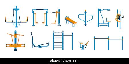 Outdoor-Trainingsgeräte. Fitnessgeräte für Parkgelände, Spielplatz und Straße. Cartoon-Fitnessgerät und Konzept für aktiven Lebensstil Stock Vektor