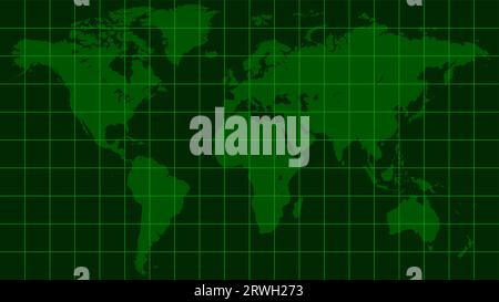 Weltkarte Erde, dunkelgrüner Radarbildschirm im Matrixstil Stock Vektor