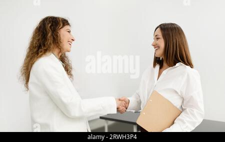 Zwei Lächelnde Geschäftsfrauen Treffen Sich Und Schütteln Die Hände Im Modernen Büro Stockfoto