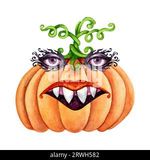 Aquarellmonster Kürbis für Halloween und Fantasy-Masken mit Augen und Lippen. Elemente, die auf weißem Hintergrund isoliert sind Stockfoto