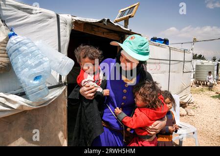 Zeltstadt für Flüchtlinge aus Syrien im Beeka-Tal, Libanon Stockfoto