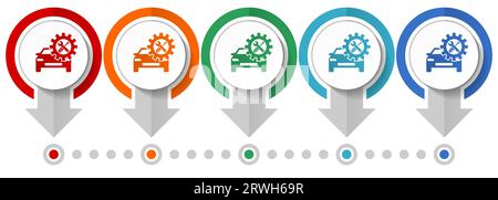 Fahrzeugreparaturvektor-Symbolsatz, Infografikvorlage mit flachem Design, Symbole für das Zeigerkonzept in 5 Farboptionen für Webdesign und mobile Anwendungen Stock Vektor