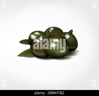 Köstliche grüne Oliven mit Blättern, isoliert auf weißem Hintergrund Stock Vektor