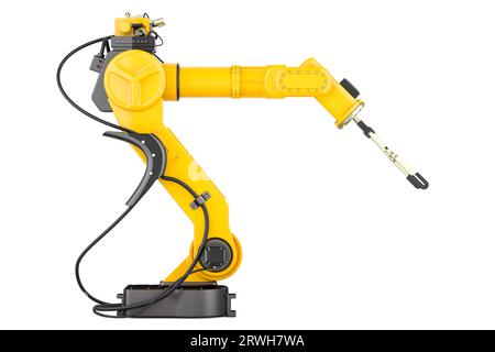 Roboterarm, mechanischer Arm. 3D-Rendering isoliert auf weißem Hintergrund Stockfoto