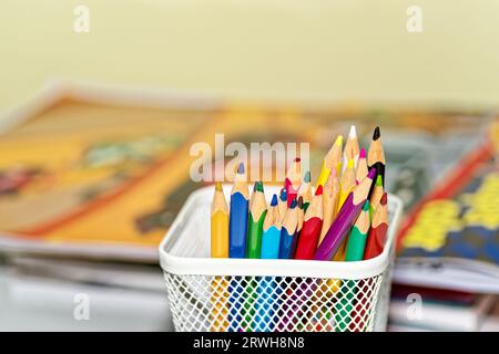 Farbstifte in einer Box gegen defokussierte Bücher Stockfoto