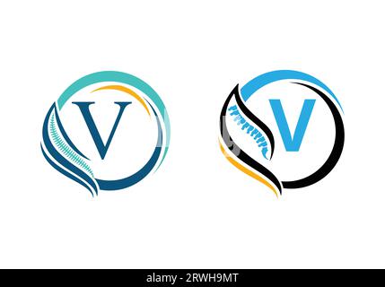 Buchstabe V mit Rückenwirbelorthopädischem Logo. Für das orthopädische Geschäft und die Unternehmensidentität Stock Vektor