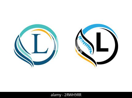 Buchstabe L mit dem Logo für Wirbelsäulenorthopädie. Für das orthopädische Geschäft und die Unternehmensidentität Stock Vektor