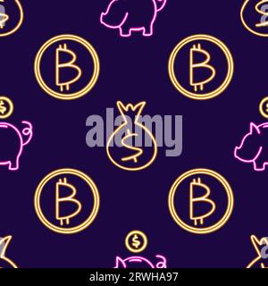 Neon Finance Seamless Pattern, Piggy Bank Illustration, Bitcoin Coin Design, Money Bag Icon, Financial Symbols Pattern. Leuchtendes Desktop-Symbol, Neon Stockfoto