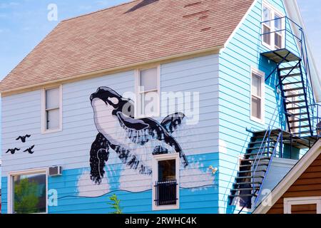 Wunderschönes Walgemälde auf einem Geschäft im historischen Stadtzentrum von Sydney Nova Scotia. Stockfoto