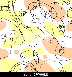 Elegantes, abstraktes, nahtloses Muster mit Gesichtern aus der Zeit der Famale, die eine Linie auf weißem Hintergrund zeichnen. Modetrend. Gehirn und Verstand der Menschen. Vektorillustration. Stock Vektor