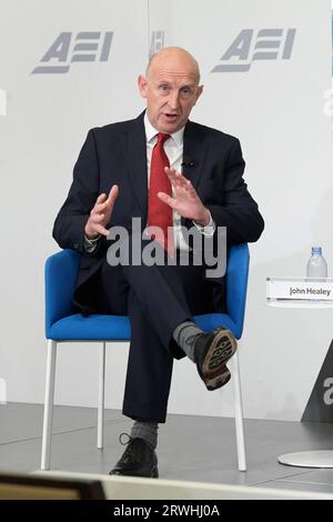 Washington, USA. September 2023. Der britische Verteidigungsminister John Healey spricht heute am 19. September 2023 im AEI/Think Tank in Washington DC, USA, über die Zukunft der Verteidigung für Großbritannien und seine Verbündeten. (Foto: Lenin Nolly/SIPA USA) Credit: SIPA USA/Alamy Live News Stockfoto