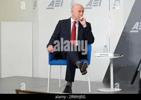 Washington, USA. September 2023. Der britische Verteidigungsminister John Healey spricht heute am 19. September 2023 im AEI/Think Tank in Washington DC, USA, über die Zukunft der Verteidigung für Großbritannien und seine Verbündeten. (Foto: Lenin Nolly/SIPA USA) Credit: SIPA USA/Alamy Live News Stockfoto