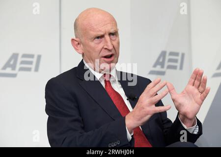 Washington, USA. September 2023. Der britische Verteidigungsminister John Healey spricht heute am 19. September 2023 im AEI/Think Tank in Washington DC, USA, über die Zukunft der Verteidigung für Großbritannien und seine Verbündeten. (Foto: Lenin Nolly/SIPA USA) Credit: SIPA USA/Alamy Live News Stockfoto