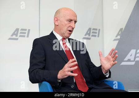 Washington, USA. September 2023. Der britische Verteidigungsminister John Healey spricht heute am 19. September 2023 im AEI/Think Tank in Washington DC, USA, über die Zukunft der Verteidigung für Großbritannien und seine Verbündeten. (Foto: Lenin Nolly/SIPA USA) Credit: SIPA USA/Alamy Live News Stockfoto