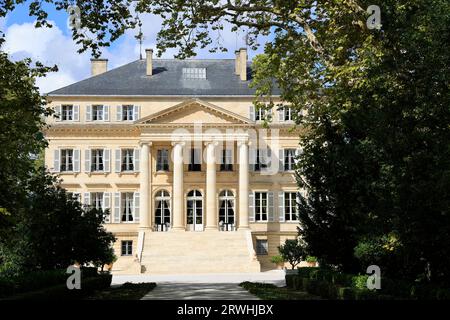 Margaux, Médoc, Frankreich. September 2023. Beginn der Ernte im Weinberg des berühmten Château Margaux „Premier Grand Cru Classified“ im Médoc. Herstellung von Rotwein. Der Weinberg Margaux ist der berühmteste der Welt. Reben und Weinberge von Bordeaux-Weinen. Margaux, Médoc, Gironde, Frankreich, Europa. Foto: Hugo Martin / Alamy Live News. Stockfoto