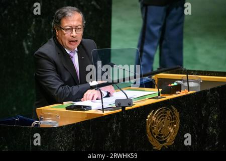 New York, USA, 19. September 2023. Der kolumbianische Präsident Gustavo Petro Urrego spricht vor der Eröffnungssitzung der 78. UN-Generalversammlung im Hauptquartier der Vereinten Nationen. Quelle: Enrique Shore/Alamy Live News Stockfoto