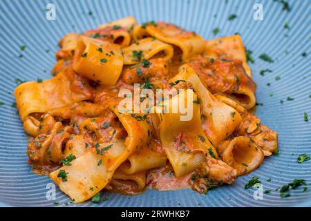 Klassische Pasta namens Calamarata mit Meeresfrüchten. Foto eines Tellers mit blauen und weißen Streifen, garniert mit frischer Petersilie. Erster Fischgang. Stockfoto